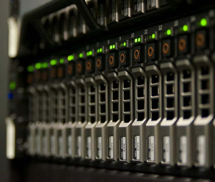 A server rack with rows of indicator lights