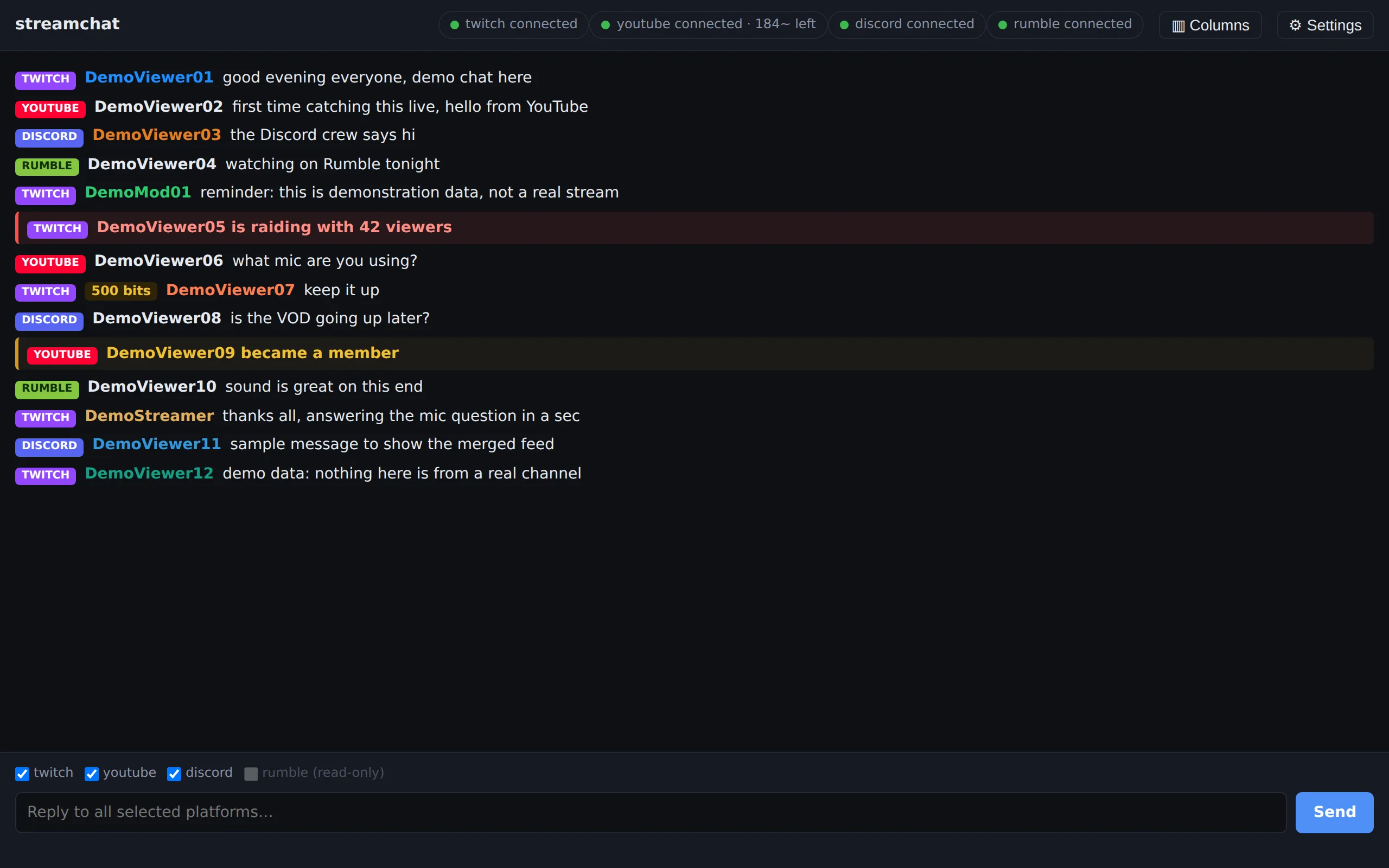 StreamChat main window: one merged chat feed with messages tagged Twitch, YouTube, Discord, and Rumble, platform status across the top, and a reply box at the bottom with Rumble marked read-only