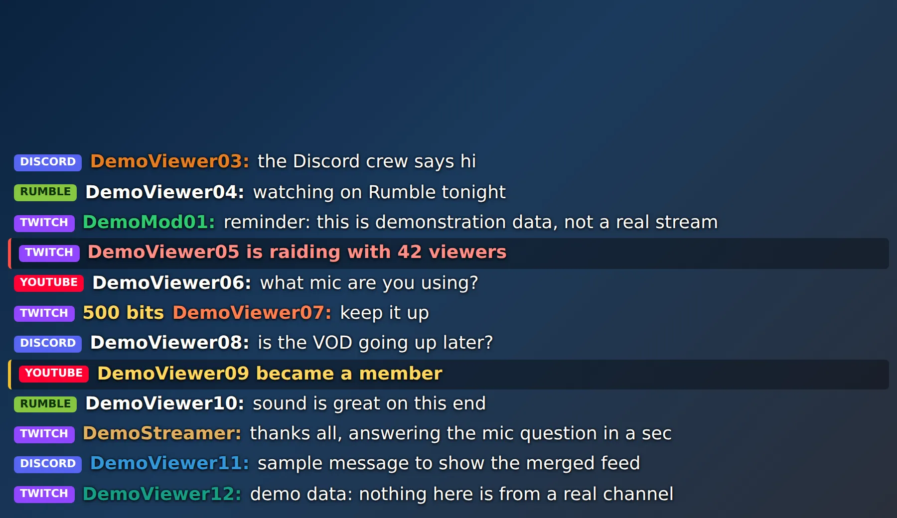 StreamChat overlay: the same chat feed rendered over a plain scene background, as it would appear layered on a stream